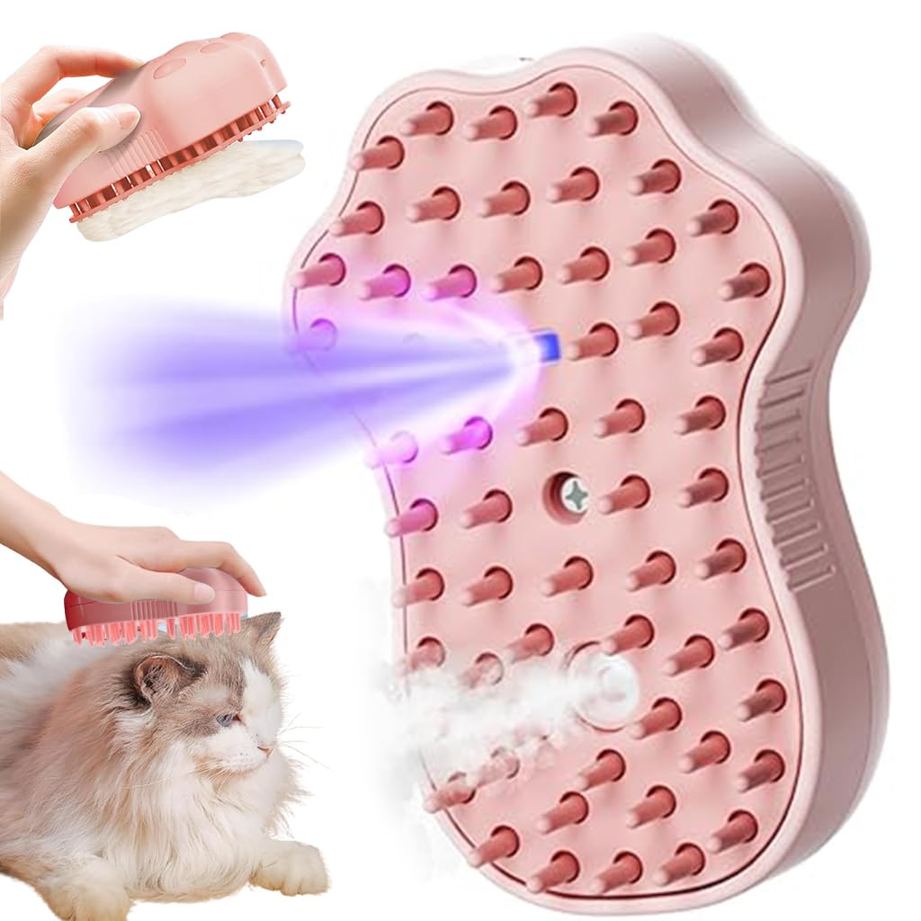 Qpets® Cat Steam Brush, Steam Brush for Cats and Dogs, Dog Steam Brush Steamy Pet Steam Hair Brush, 3 in 1 Dog Hair Brush Dog Comb with UV Sterilization Light (Pink)