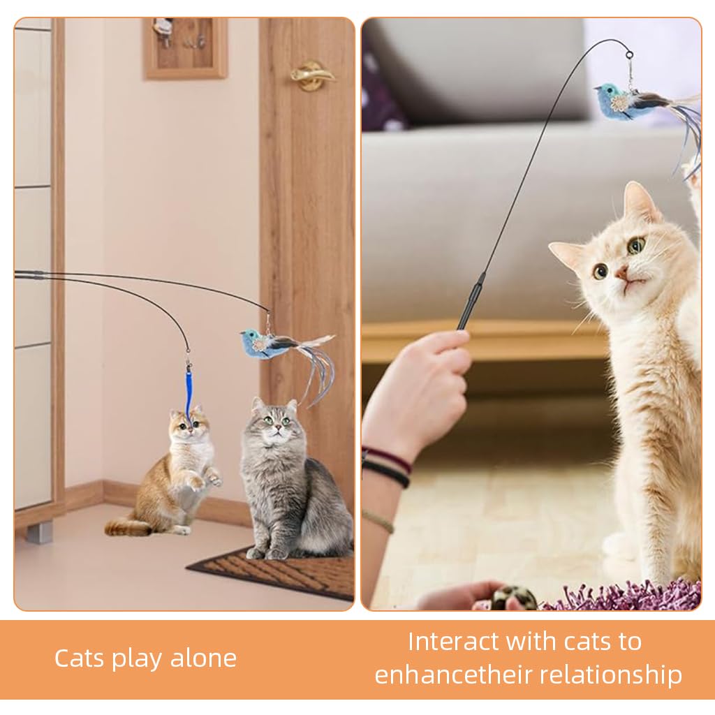 Qpets Cat Feather Toy for Interactive Play with Dual-Wire Wand and Suction Cup Base 2 PCS