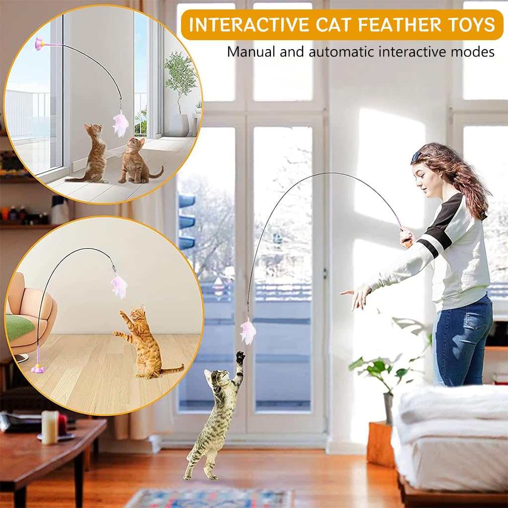 Qpets Cat Toy Set for Indoor Cats with Stainless Wire Wand and Flower Suction Cup Base