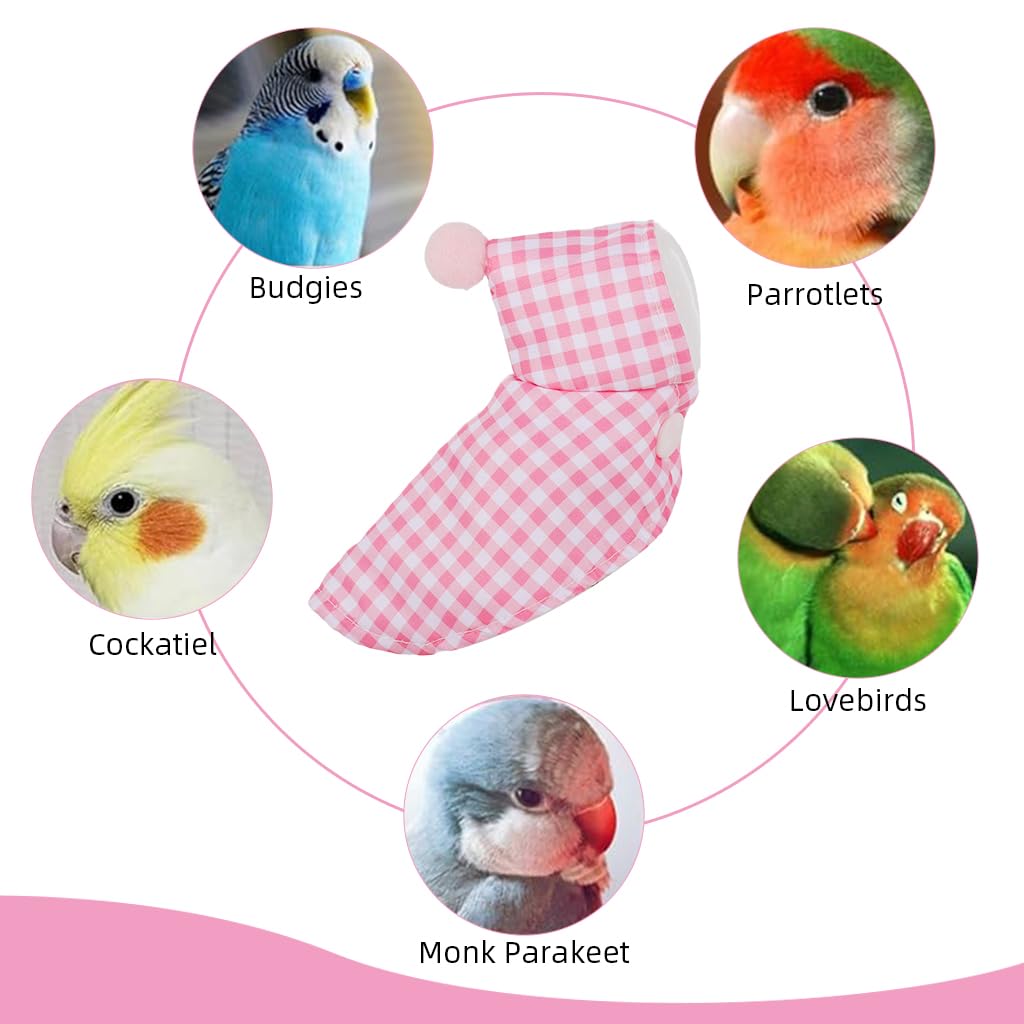 Qpets Bird Clothes for Winter with Snap Button Closure and Pink Checkered Plush Cloak | Cozy Hooded Coat for Parrots
