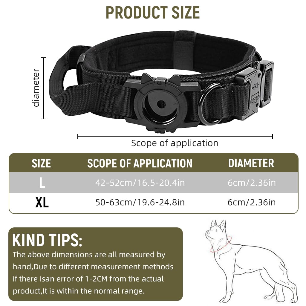 Qpets Tactical Dog Collar with AirTag Holder for Large Dogs 42‑52cm featuring Handle & D Ring