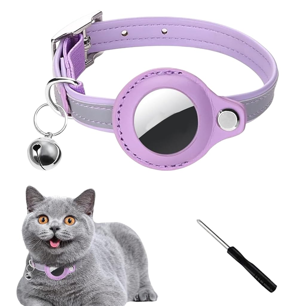Qpets Airtag Compatible Cat Collar for 9.3–12 in Necks with Reflective Safety Design | Purple PU Adjustable Anti Lost Holder