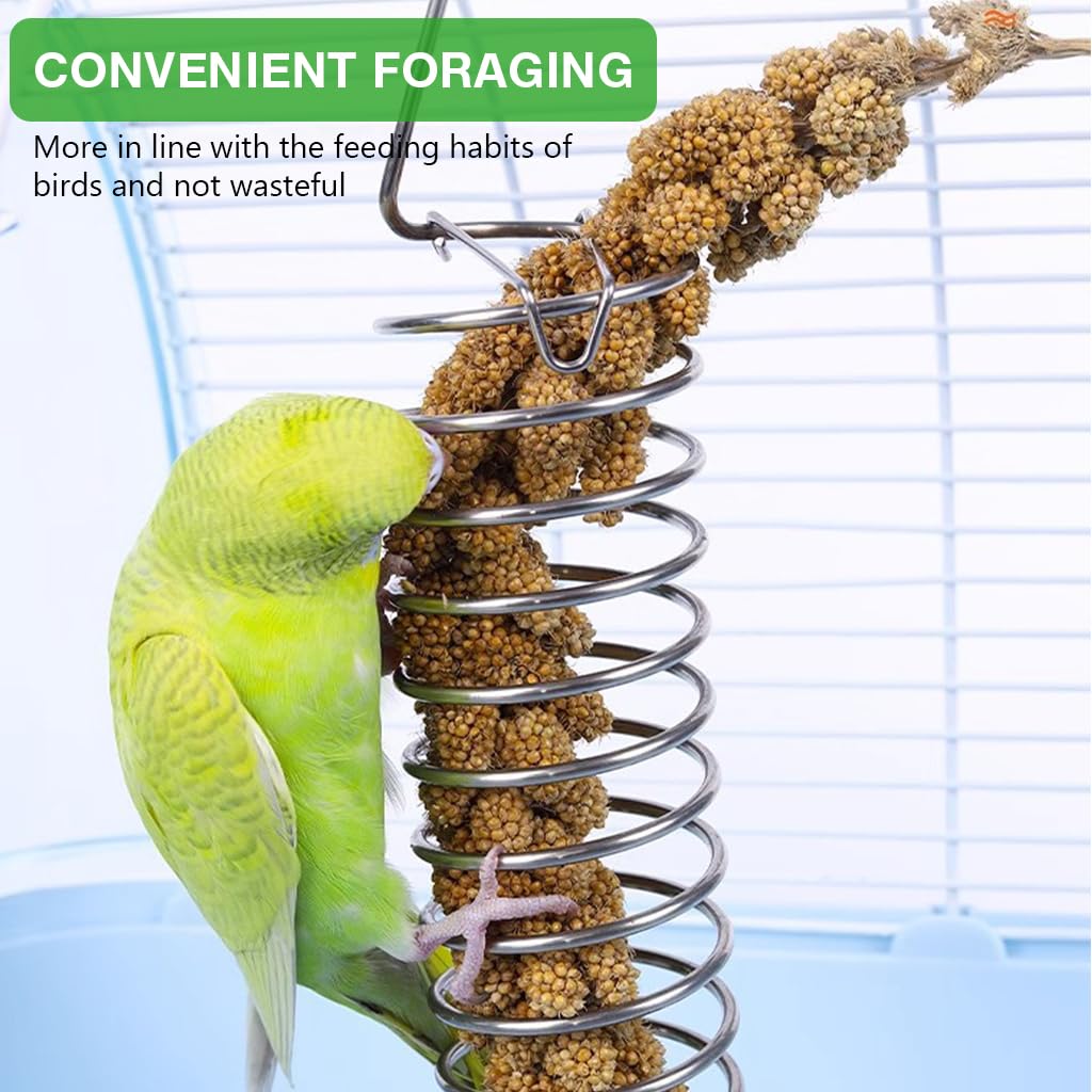 Qpets Parrot Spiral Millet Holder for Cage Feeding 9.5 x 1.8 in with Top Hook | Bird Enrichment Toy