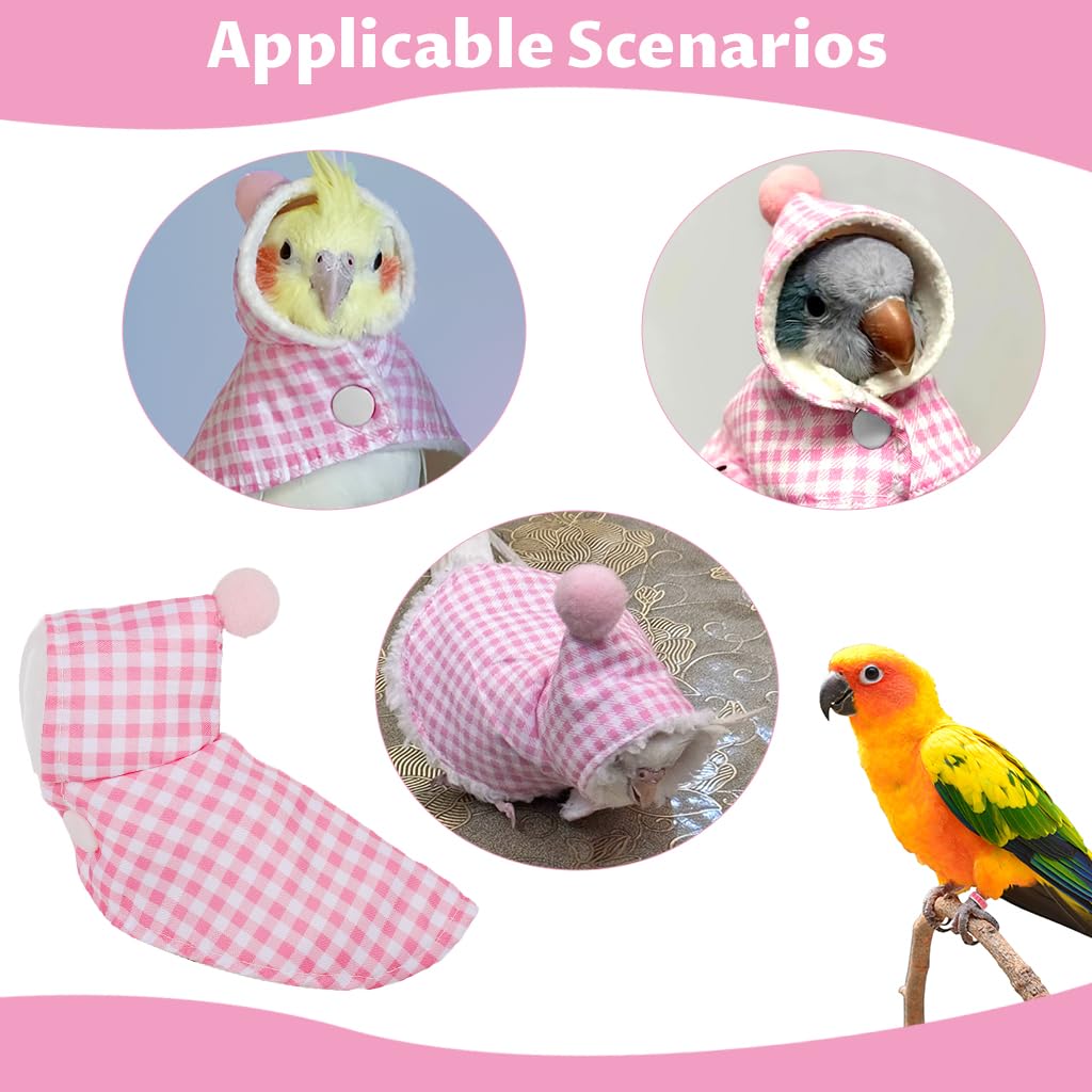 Qpets Bird Clothes for Winter with Snap Button Closure and Pink Checkered Plush Cloak | Cozy Hooded Coat for Parrots