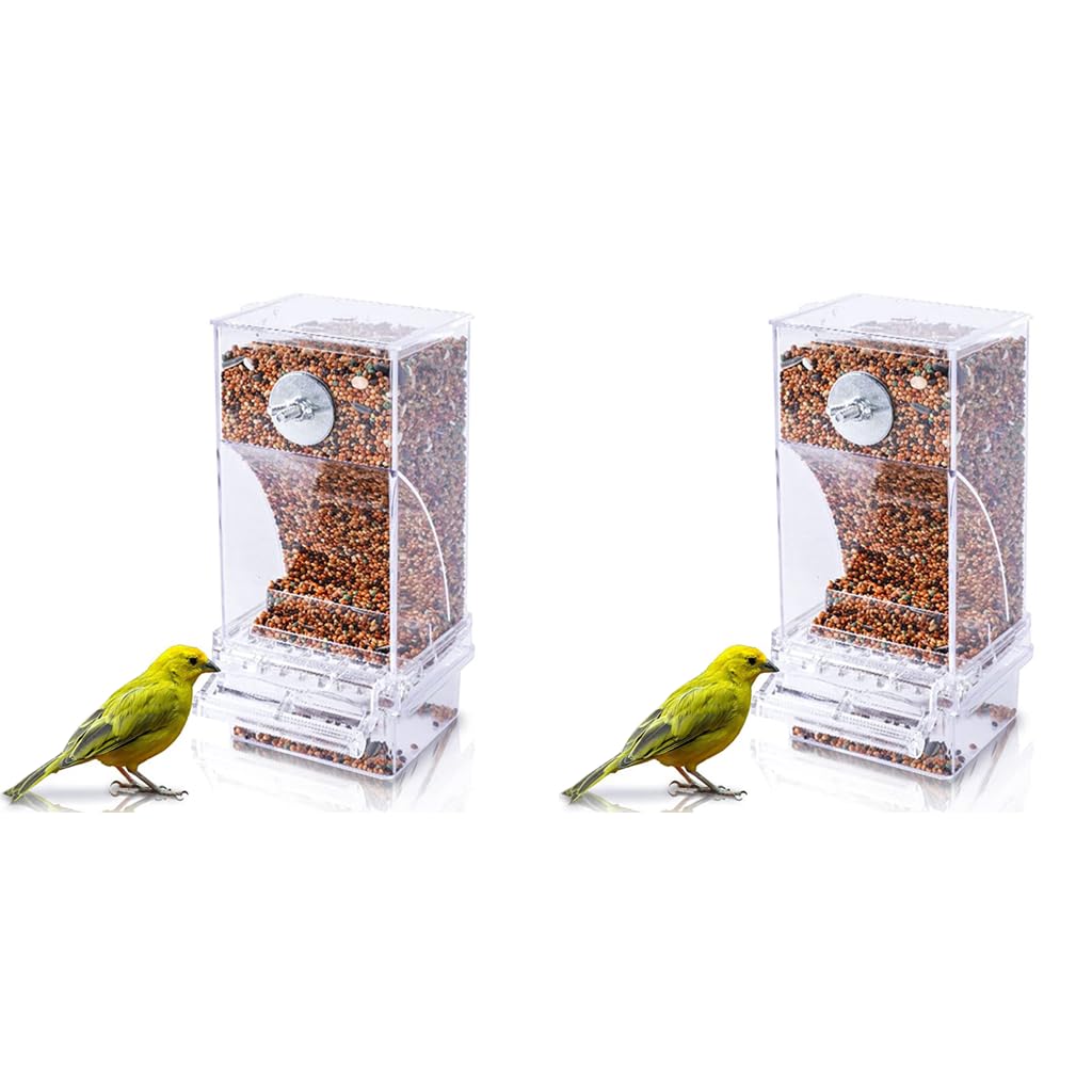 Qpets Bird Feeder for Cage Birds with Mess Free Seed Container and Perch 3.35 x 2.95 x 7.28 in | Acrylic Transparent 2PCS