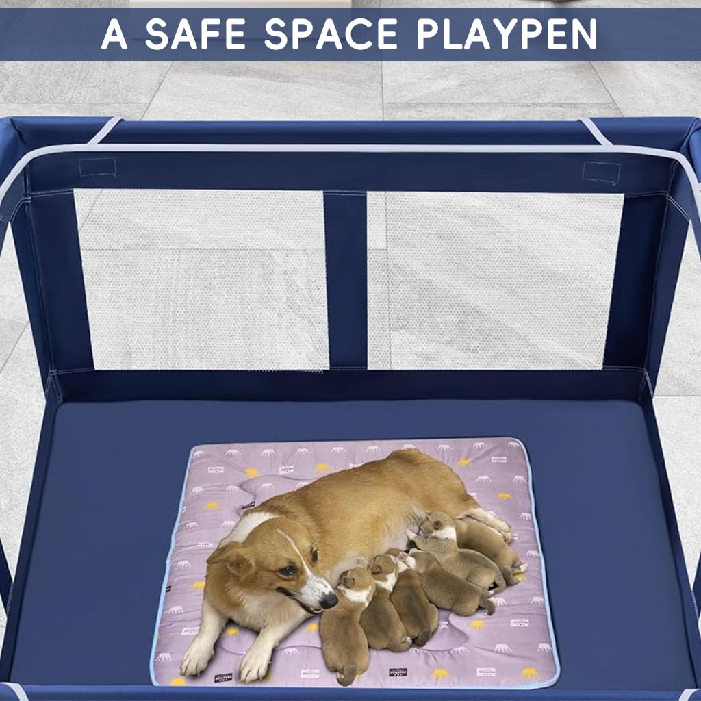 Qpets Playpen for Dogs with Zip Around Gate and Clear Mesh | 107x107x66cm Indoor Pet House