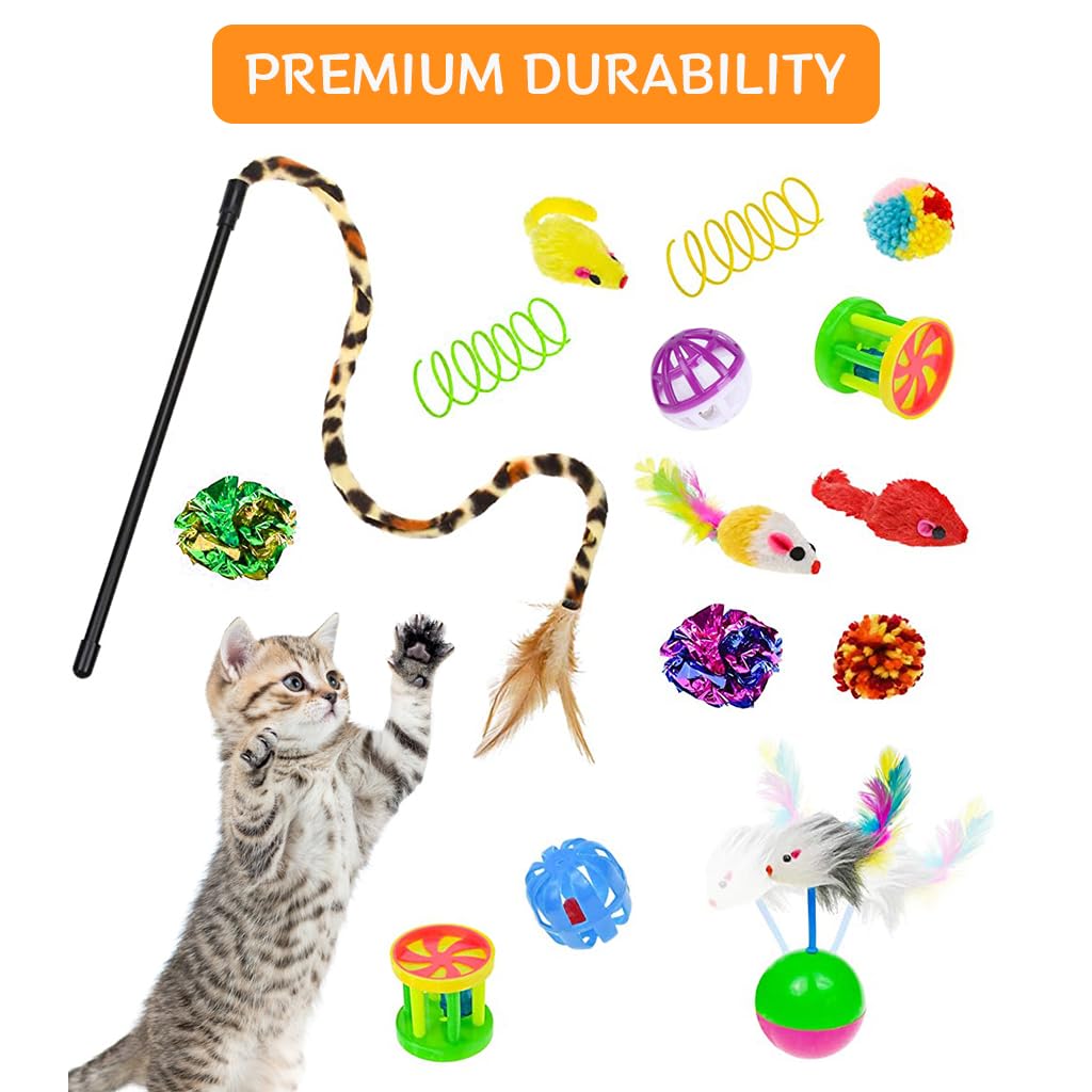 Qpets Cat Toy Set for Indoor Play with Tunnel and Teaser Wand | 20 pcs Non Toxic Toys
