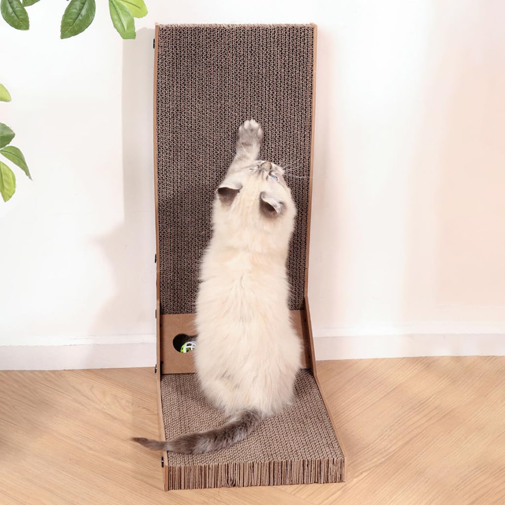 Qpets Cat Scratcher for Furniture Protection featuring 26.8 in L Shape Board with Toy Ball | Cardboard Claw Care Toy