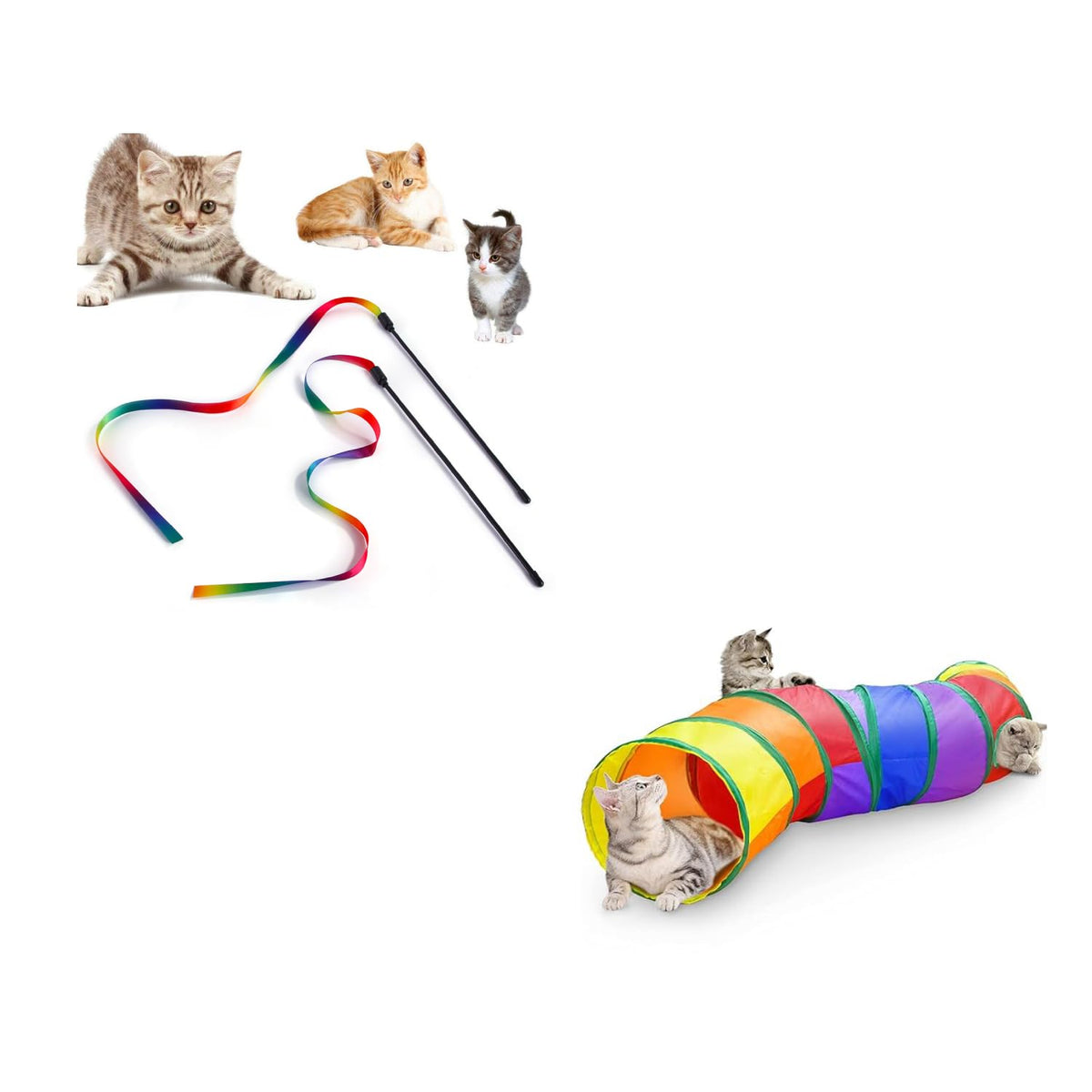 Qpets Cat Rainbow Wand Toys for Indoor Exercise and Training | 2 Pcs Satin Wands with Collapsible Tunnel