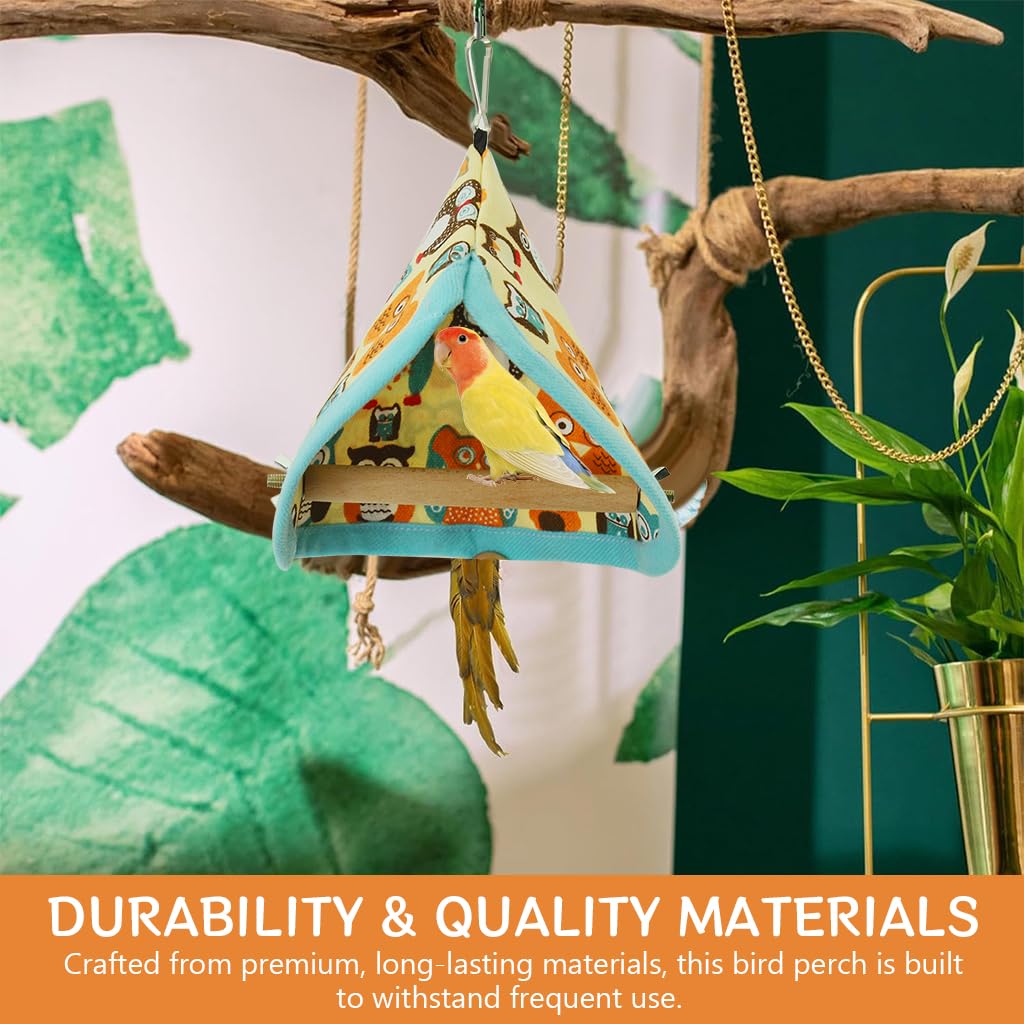 Qpets Bird Perch for Cage with 13x20cm Wooden Stick and Triangle Roof Hut | Hanging Swing Hide Cave