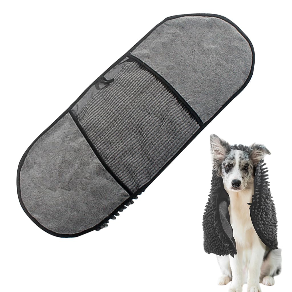 Qpets Dog Bath Towel for Quick Drying Pets with Pockets featuring Microfiber Chenille 80×35cm