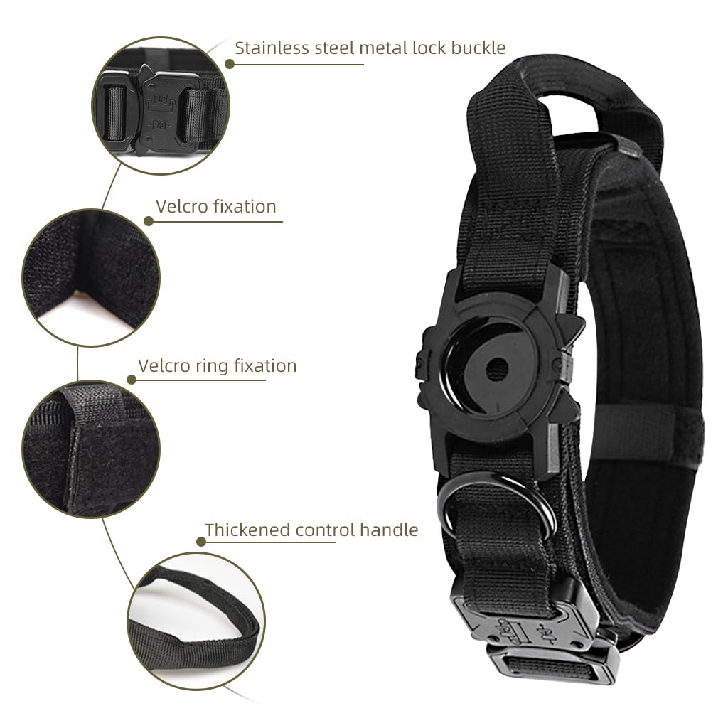 Qpets Tactical Dog Collar for Large Dogs with AirTag Holder and Handle | 50–63cm Nylon