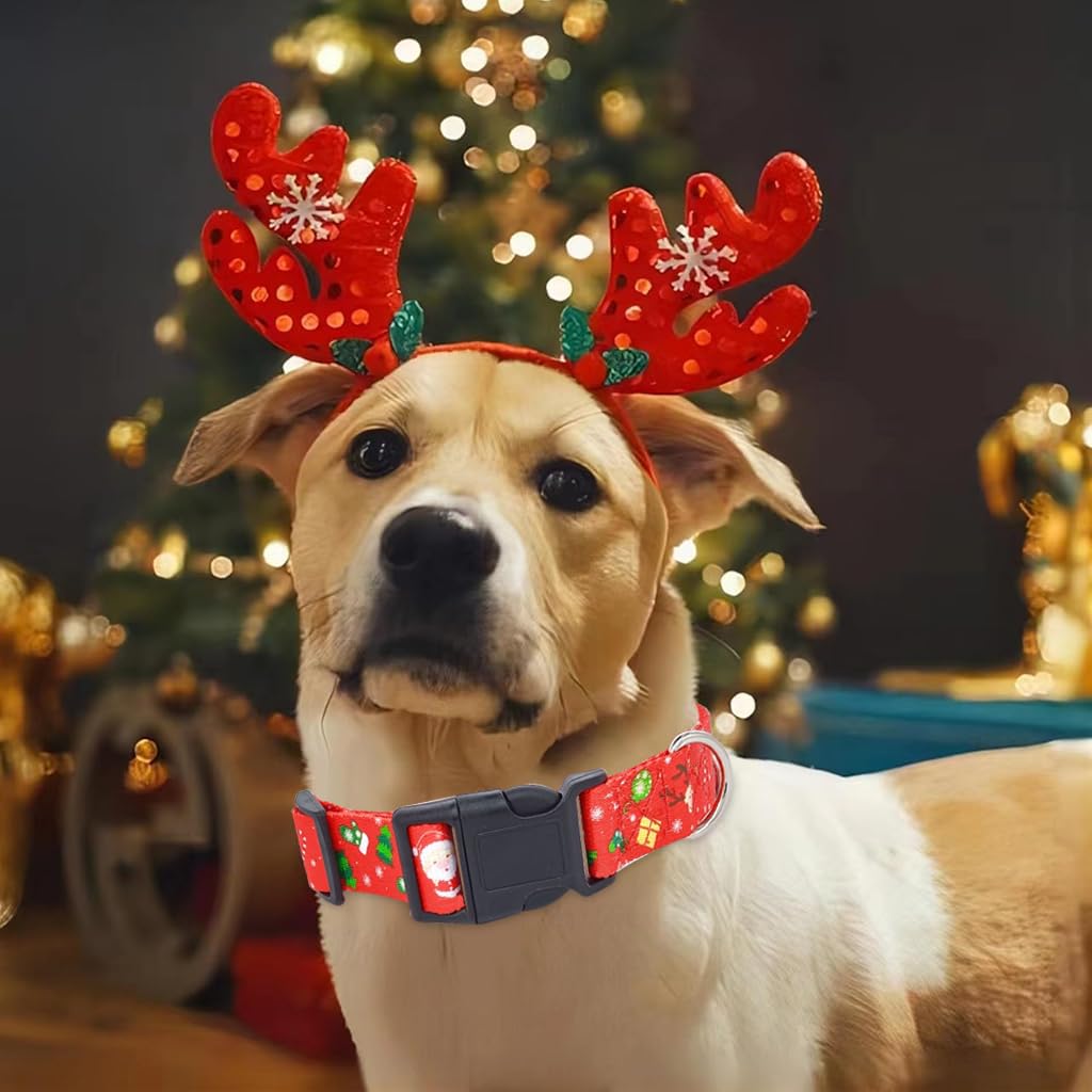 Qpets Christmas Dog Collar for Festive Dress Up with Quick Release Buckle and Metal D Ring | Adjustable 35–55 cm Red Polyester