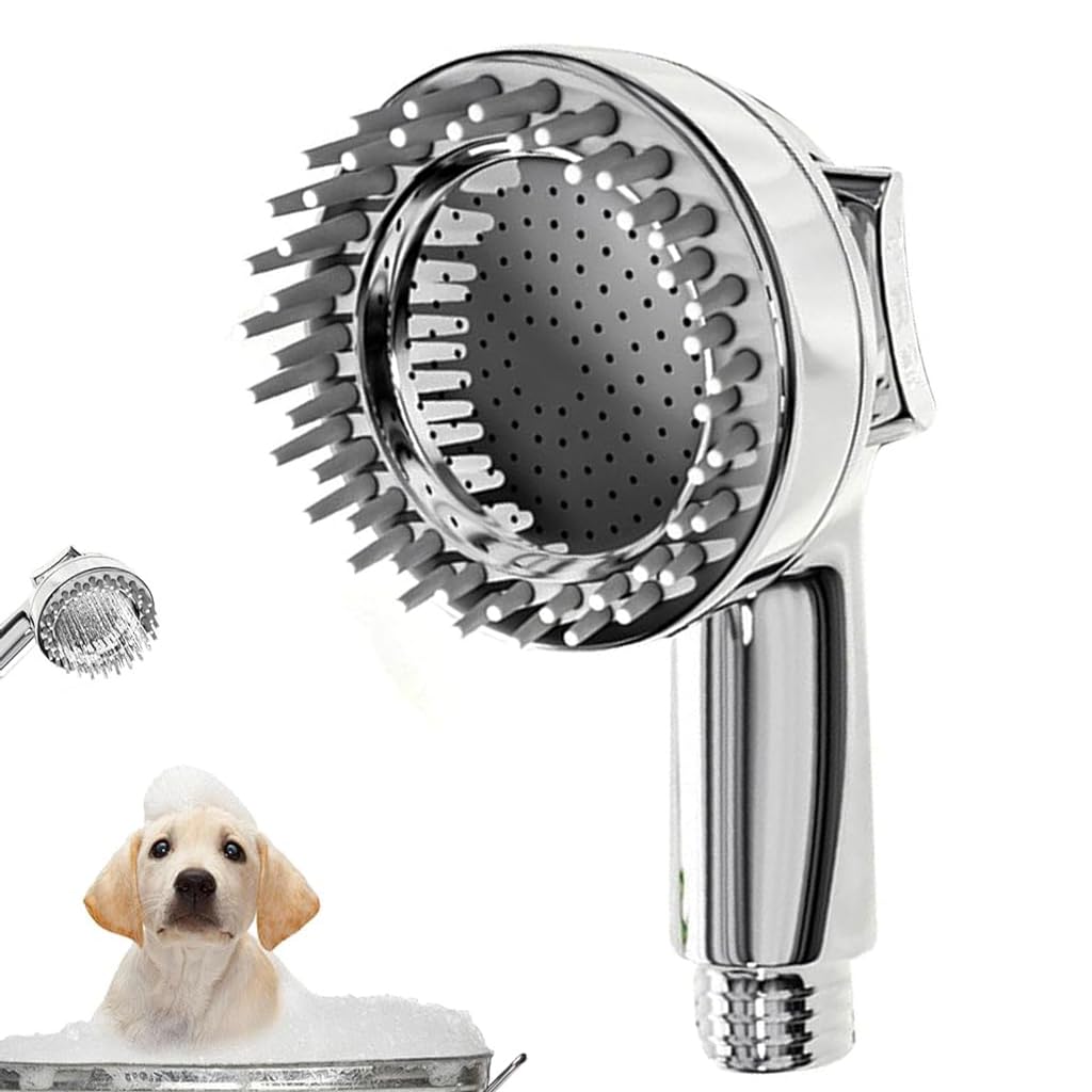 Qpets® Pet Shower Head Attachment with Dog Brush, 2 in 1 Grooming Tool Kit for Dogs and Cats, Pet Shower Head for All Breeds and Sizes - Easy Installation & Enhanced Cleaning