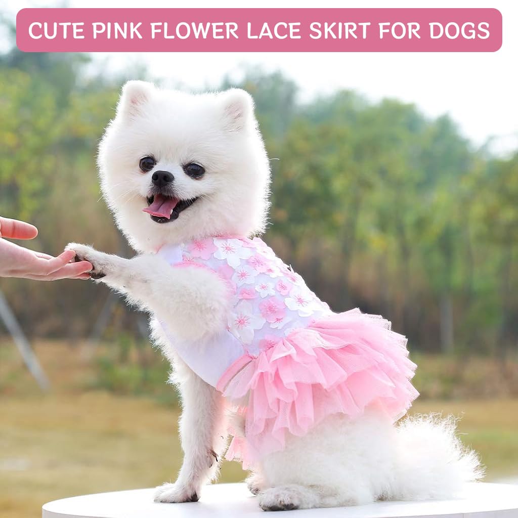 Qpets Dog Girl Dress for Small Breeds with Lace Skirt and Pink Flower Design | Chest 30cm