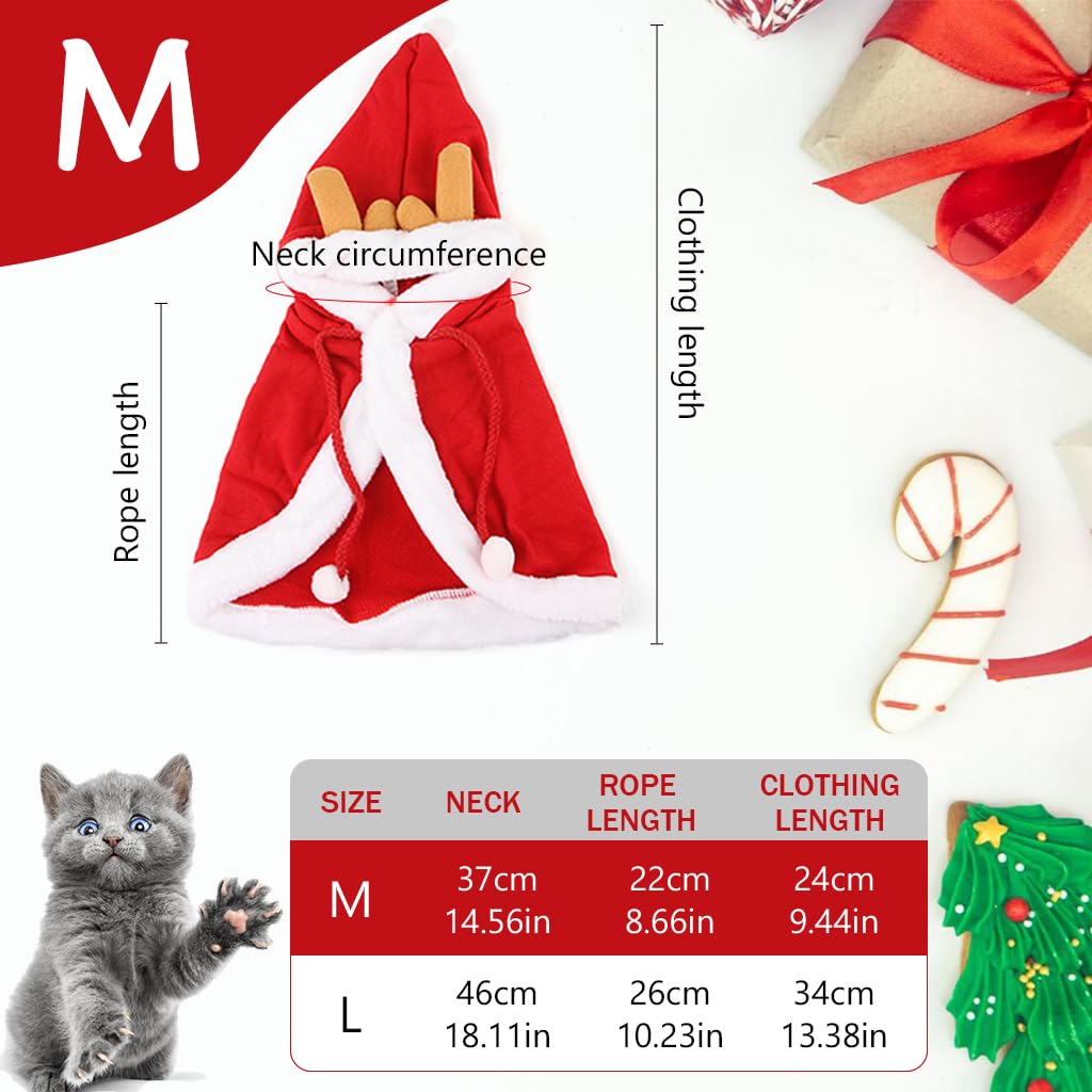 Qpets Christmas Cat Clothes for Parties with Adjustable Drawstring Hat and Soft Plush | Neck 37 cm