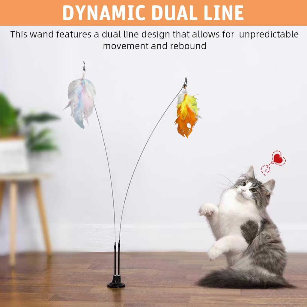 Qpets Cat Feather Toy for Interactive Play with Dual-Wire Wand and Suction Cup Base 2 PCS