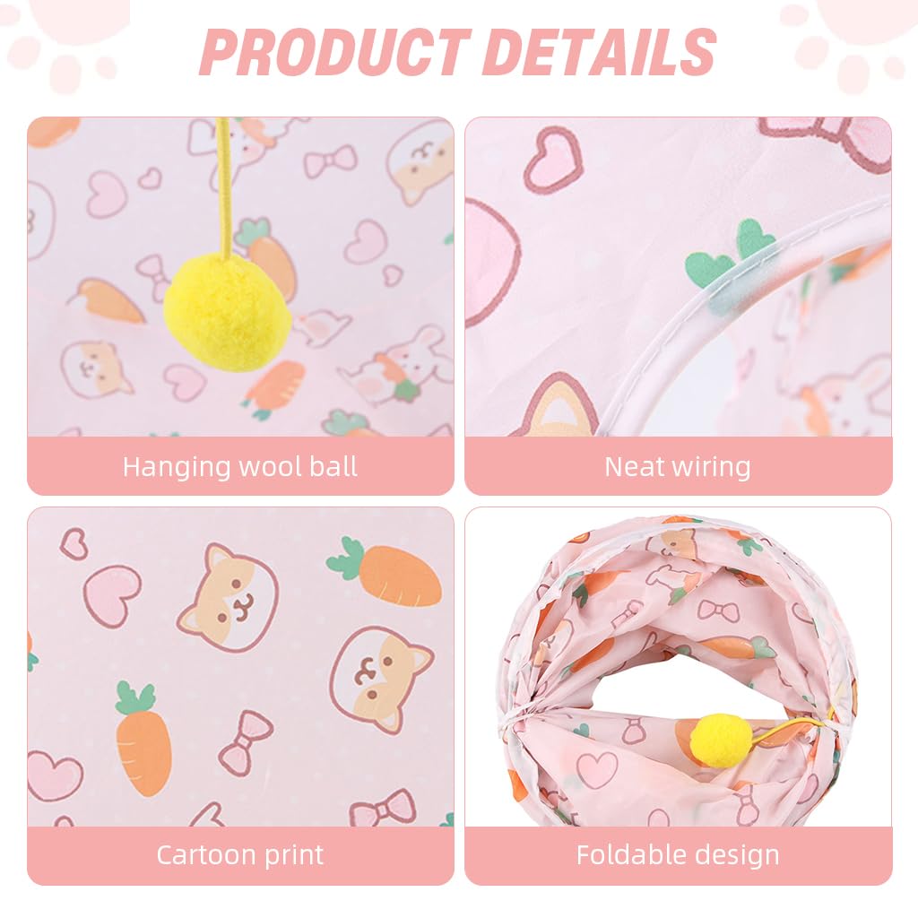 Qpets Cat Play Tunnel Toy with Multi Open Holes and Hanging Plush Ball | 25cm Dia 110cm Long Collapsible Polyester Tube