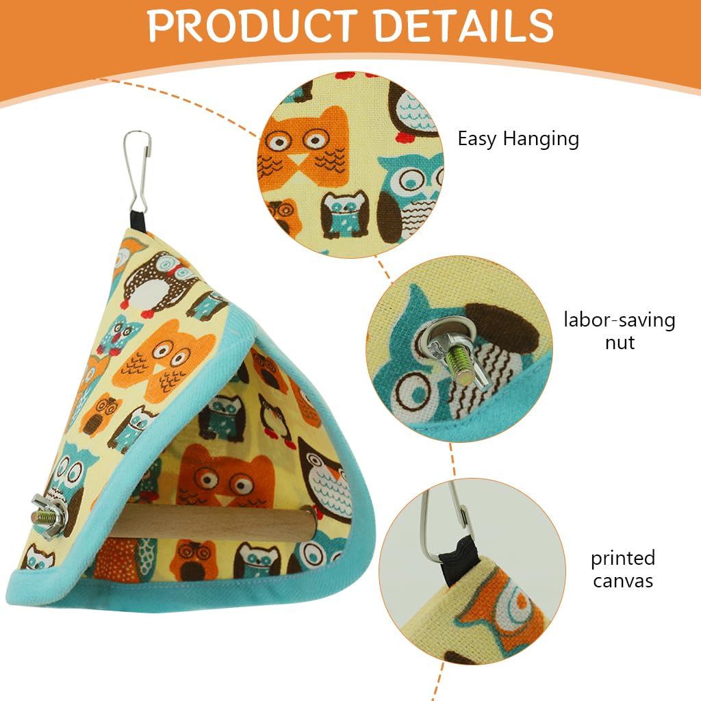 Qpets Bird Perch for Cage with 13x20cm Wooden Stick and Triangle Roof Hut | Hanging Swing Hide Cave