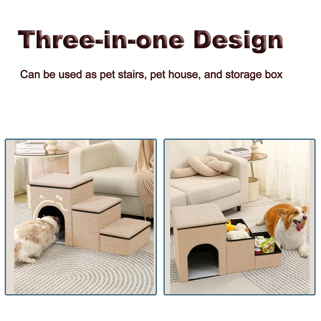 Multi Purpose Dog Cat Stair Pet Stair Pet House 3-Stair Cat House for Pet with Storage Space Foldable Pet Game Stair Dog Bed for Small Dog Cat Cat Beds