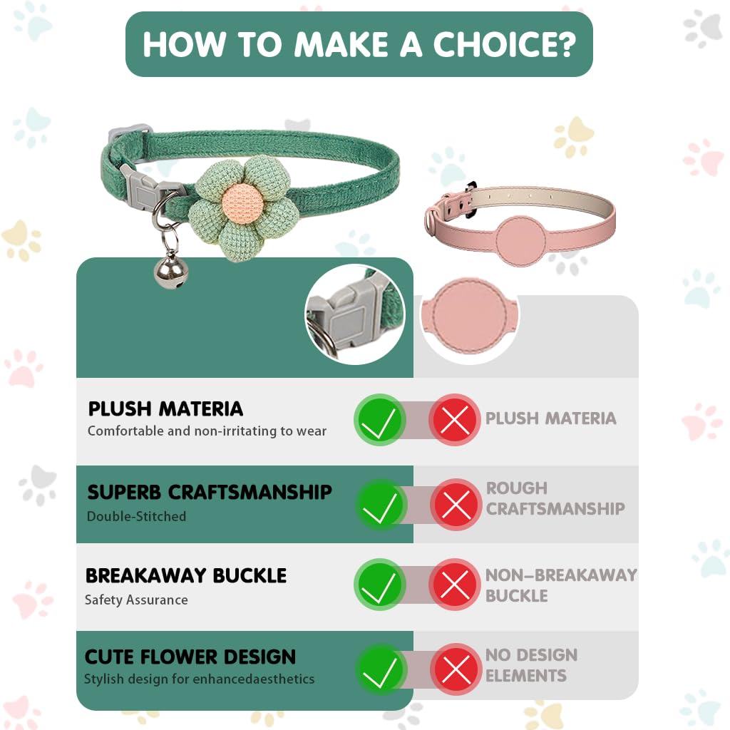 Qpets Cat Collar Set with Handcrafted Crochet Flower and Bell | Pink and Green Plush Adjustable Collars for Cats and Kittens