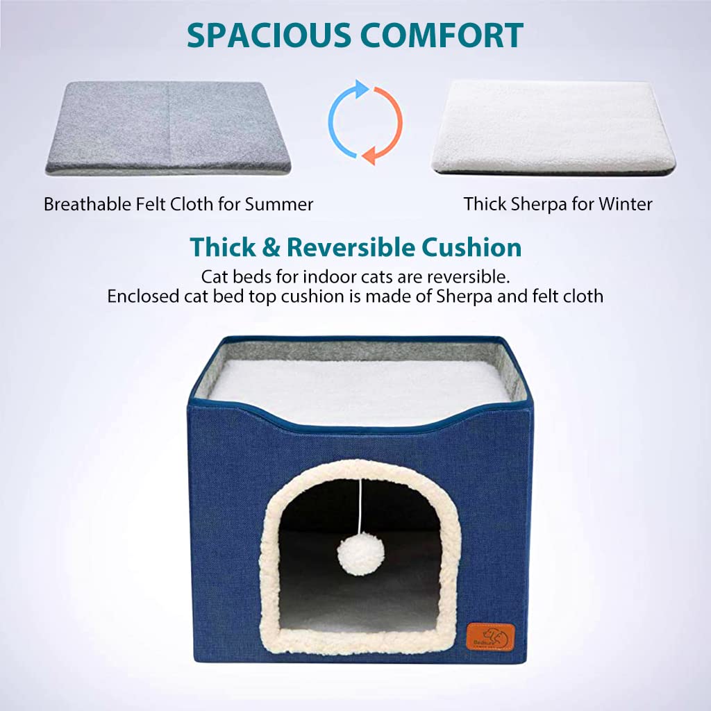 Qpets Cat House for All Seasons with Hanging Fluffy Ball and Scratch Pad, 16.5x16.5x14 in | Foldable Blue Cat Cave