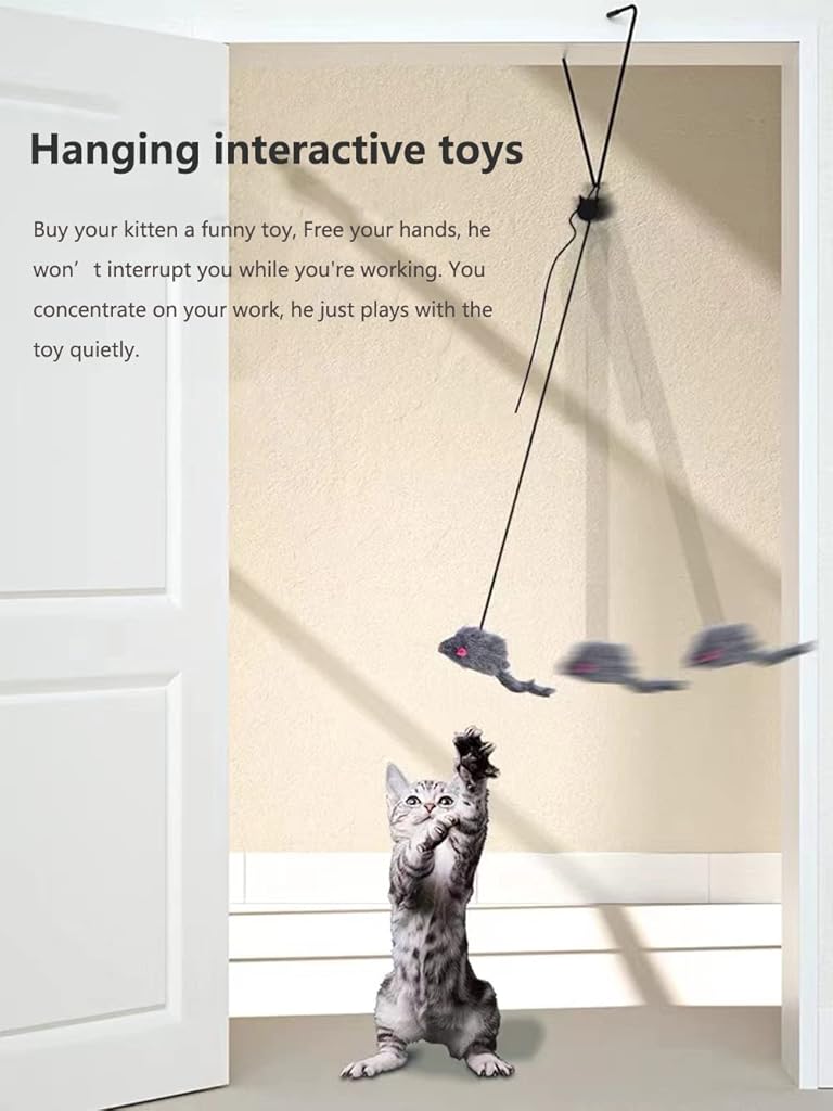 Qpets® Cat Teaser Toys Feather Hanging for Indoor Cats Interactive Elastic Rope Persian Soft Plush Mice Pendant 2PCS