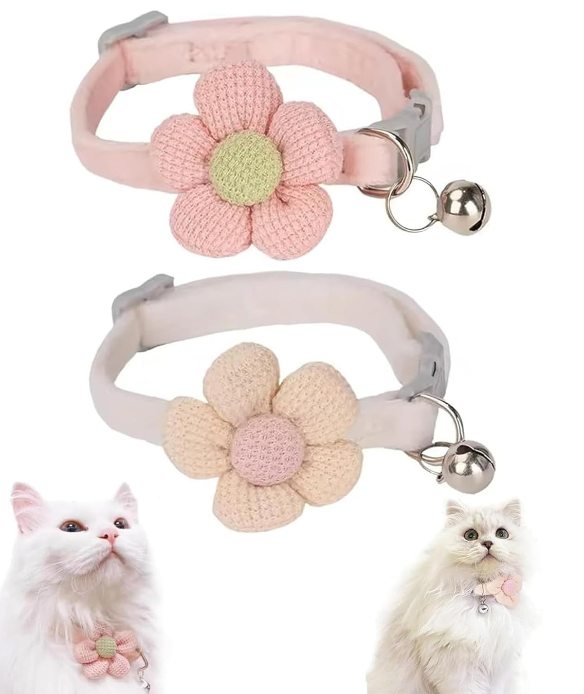 Qpets Cat Collar with Quick Release Buckle and Soft Adjustable Plush Material | Pink Beige Flower and Silver Bell for Cats