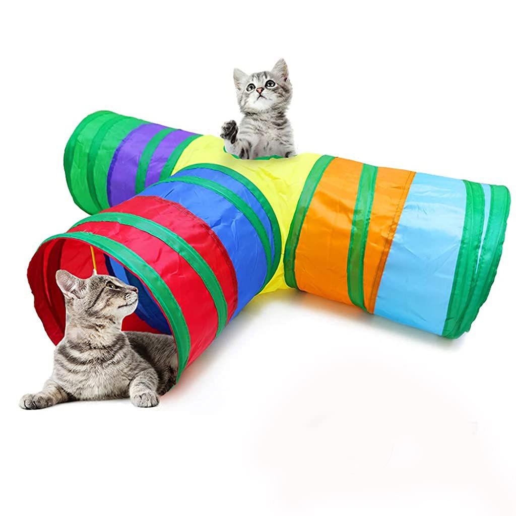 Qpets Cat Tunnel Toy for Indoor Play featuring 3 Way Foldable Design with 25 cm Diameter | Rainbow Crinkle Tube for Active Kittens