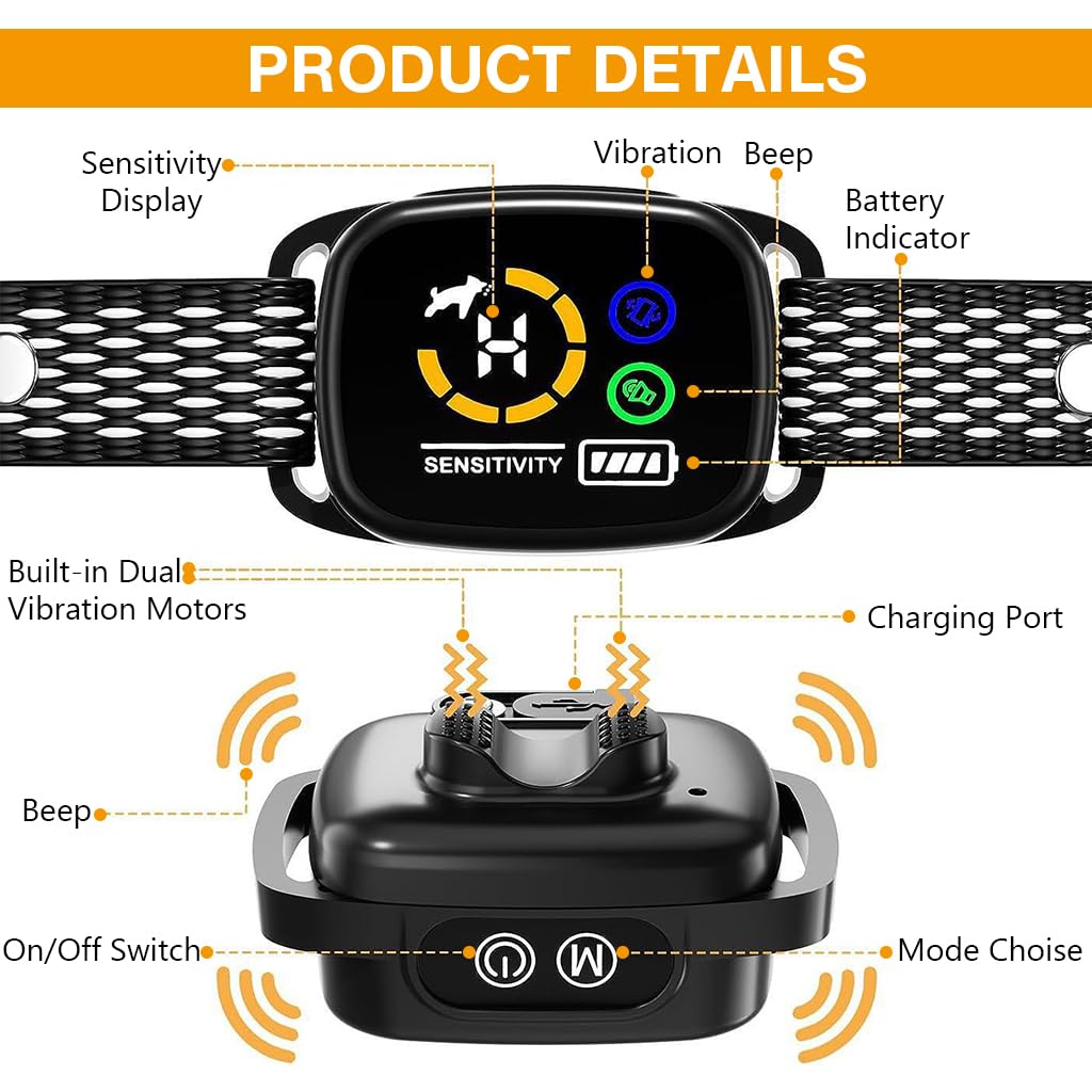 Qpets Dog Training Collar for Bark Control with LCD Display and 6 Adjustable Levels | Safe No Shock Vibration and Beep Modes