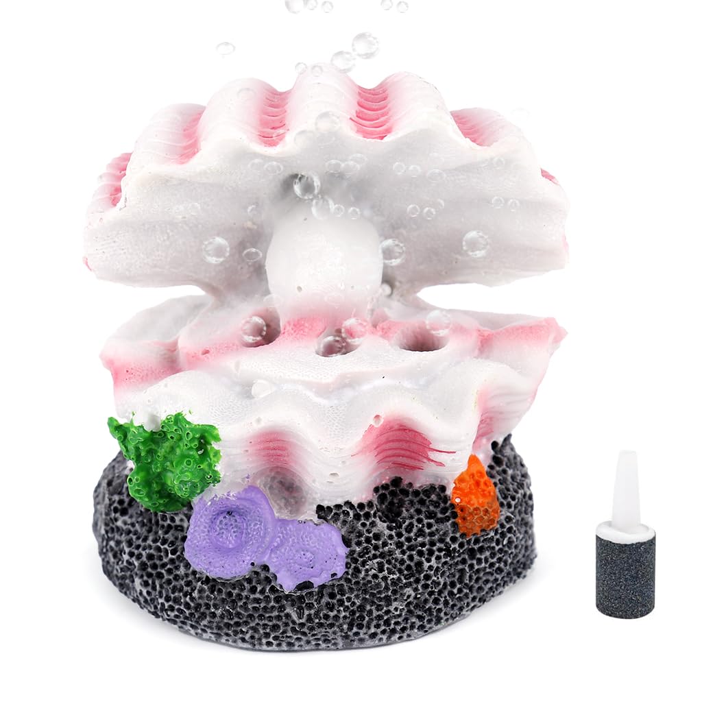 Qpets Aquarium Ornament for Fish Tank with Bubble Stone Function 5x4.6x5.5cm Resin Decor | Dreamy Seashell Pearl Design