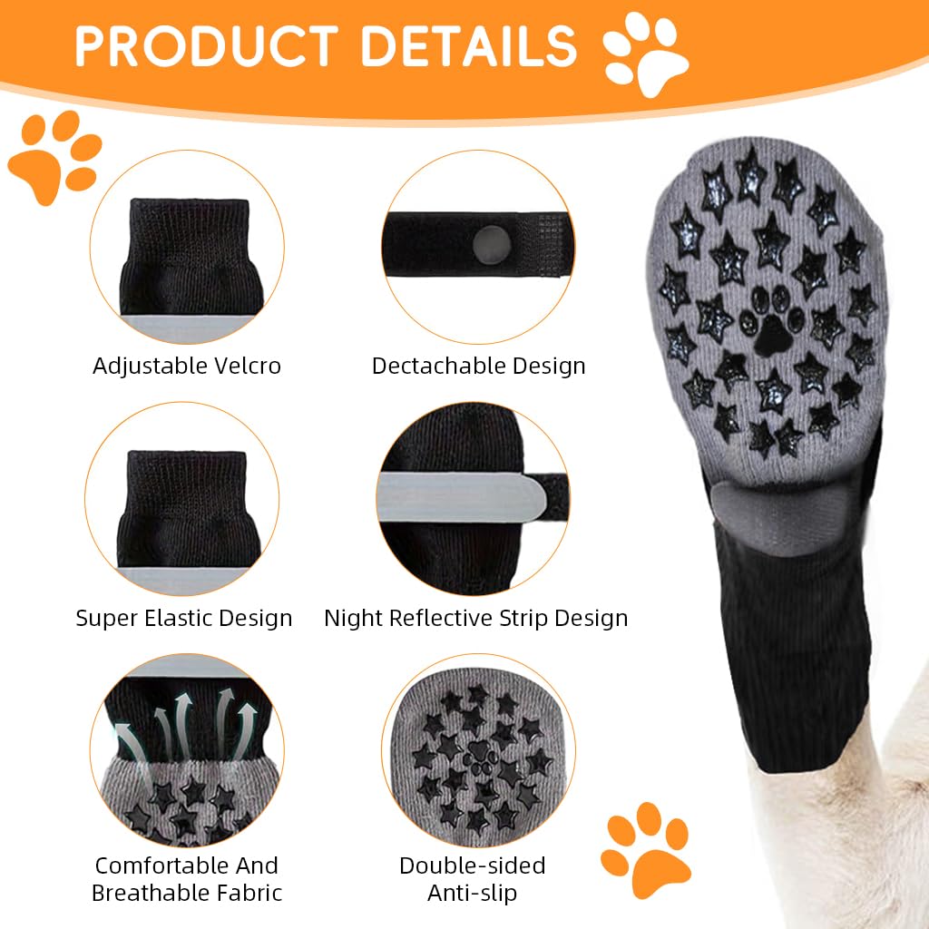 Qpets Dog Socks for Paw Protection with Reflective Straps and Non Slip Grip | 4pcs Cotton Set 8cm Width 18cm Length