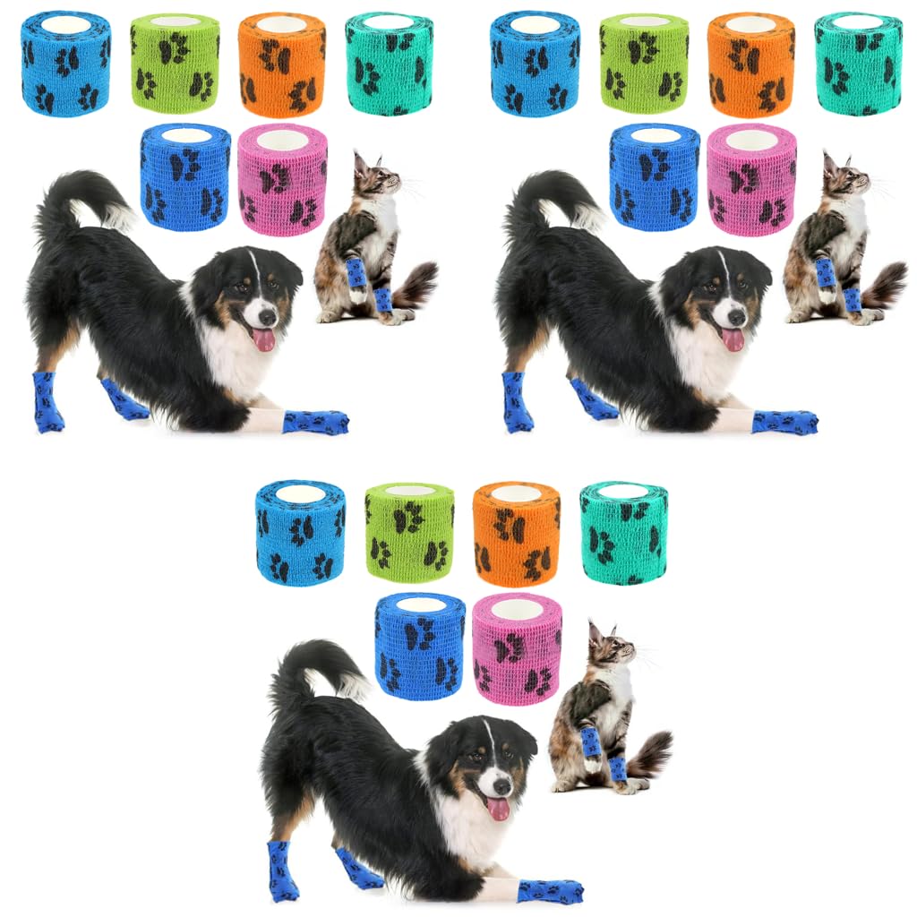 Qpets Dog Bandages for Pet Injury Recovery with Paw Print Design | 18pcs 4.5m Non‑Woven Wrap
