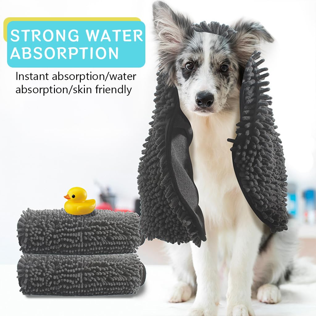 Qpets Dog Bath Towel for Quick Drying Pets with Pockets featuring Microfiber Chenille 80×35cm