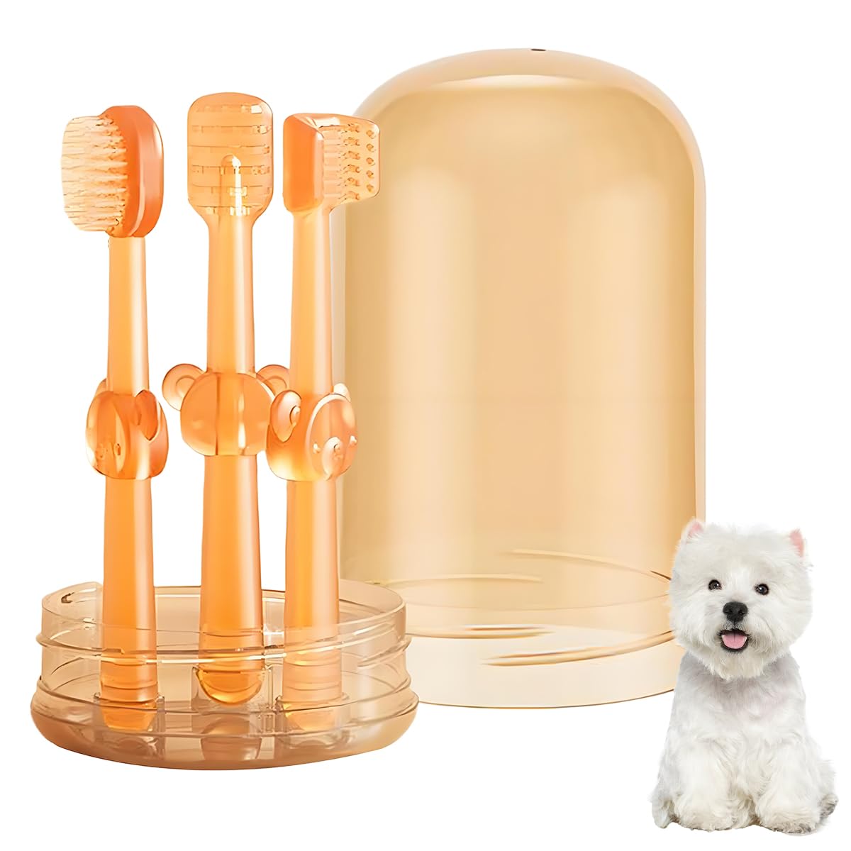 Qpets Dog Toothbrush Set with 2 Soft Silicone Brushes and Tongue Scraper for Cats & Dogs