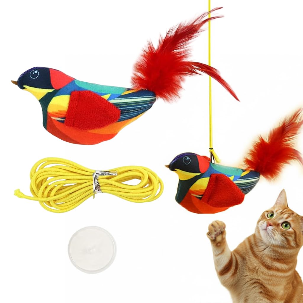Qpets Door Hanging Cat Toy for Indoor Cats with 190cm Elastic Rope & Feather Tail | Interactive Squeaky Bird Teaser