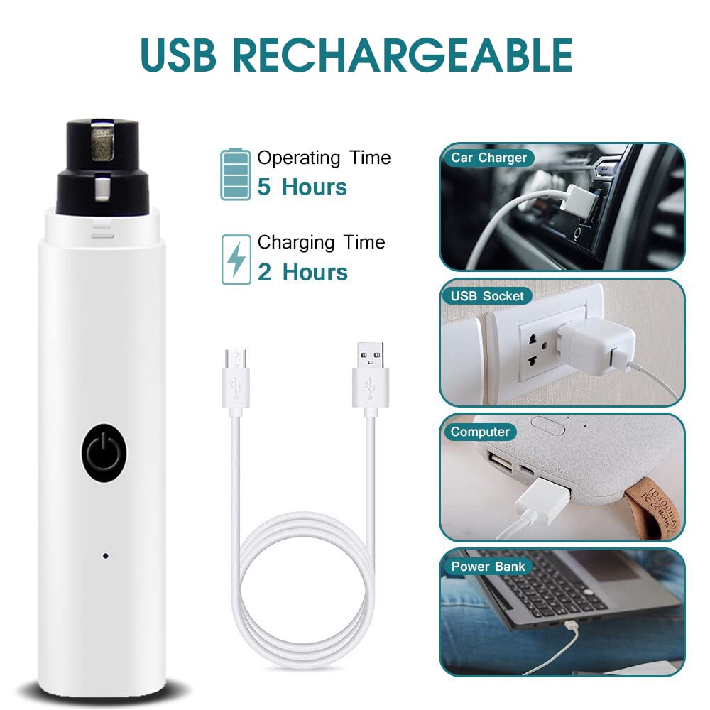 Qpets Dog Nail Trimmer with LED Light and 2-Speed 7000 RPM Motor | Rechargeable USB Pet Grinder