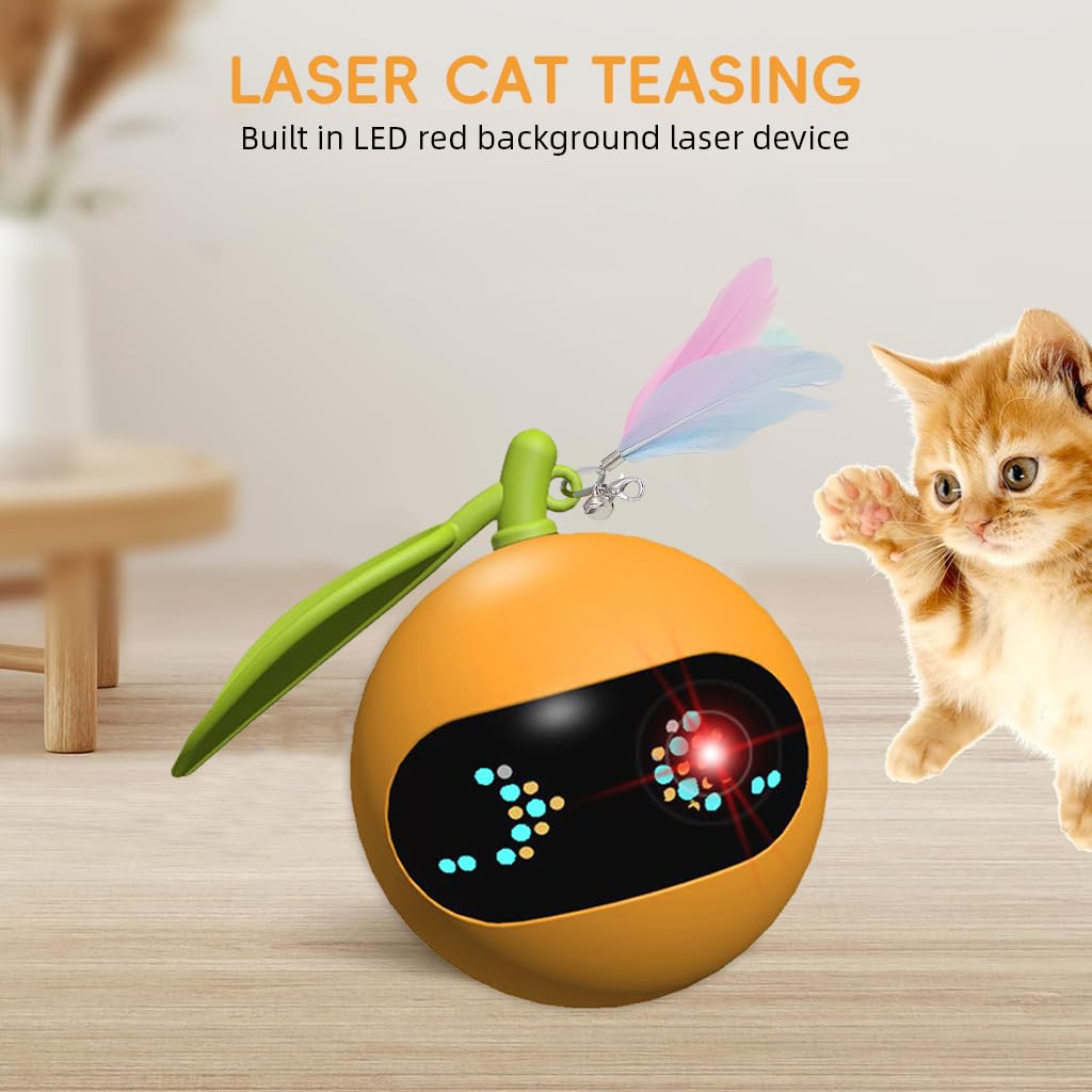 Qpets Smart Electric Cat Teaser Ball Toy with LED Light and Feather Tail for Indoor Cats