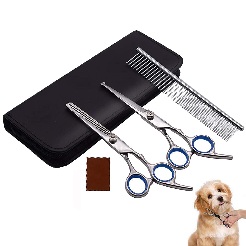 Qpets® Dog Grooming Scissors Kit with Safety Round Tips Stainless Steel Professional Dog Hair Cutting Scissors - Thinning, Straight, Curved Shears and Comb for Long Short Hair for Dog Cats(3 PCS)