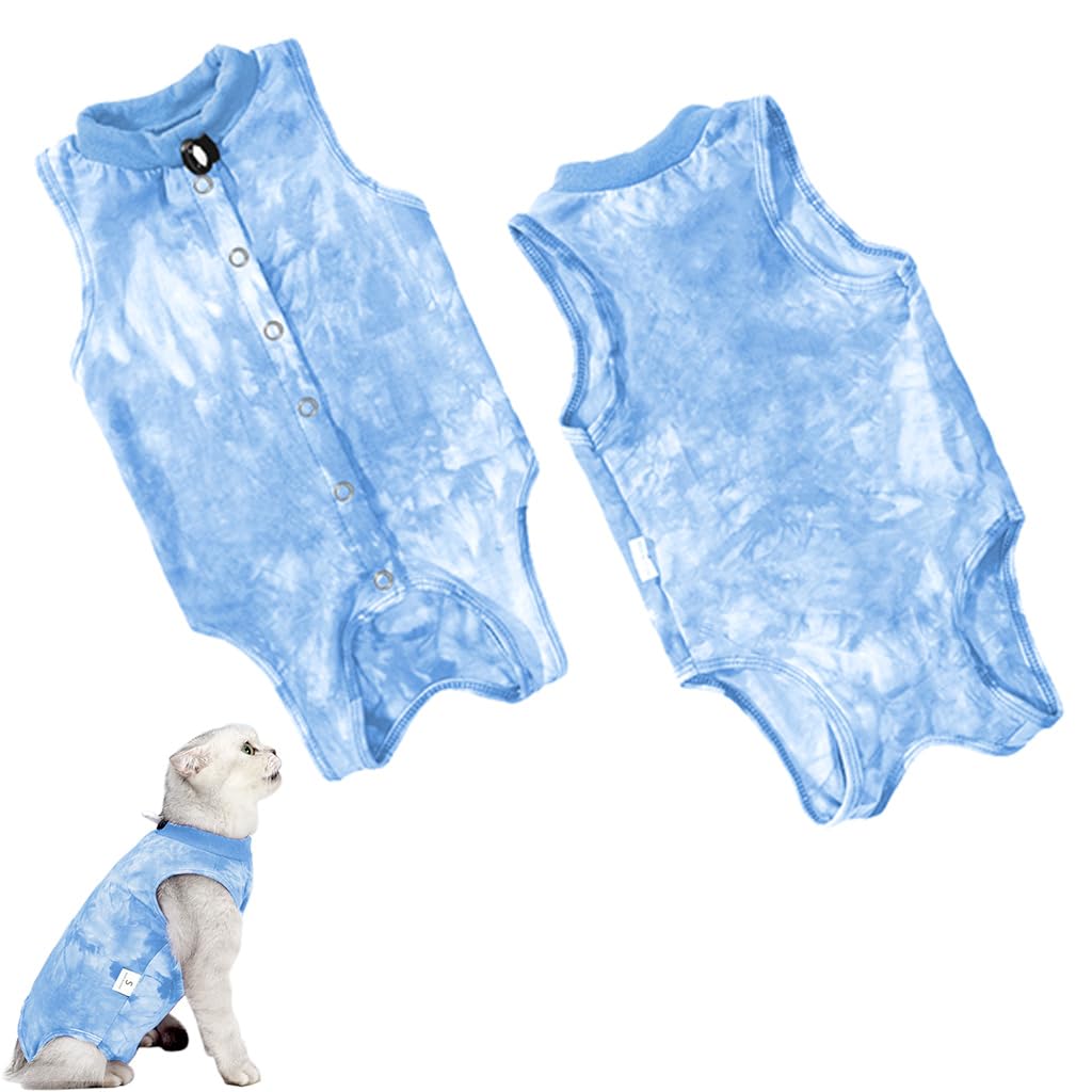 Qpets Cat Clothes for Post Surgery Recovery with Adjustable Closure and Soft Cotton Fabric | Blue Tie-dye Design M Size Back 30cm Bust 34-40cm