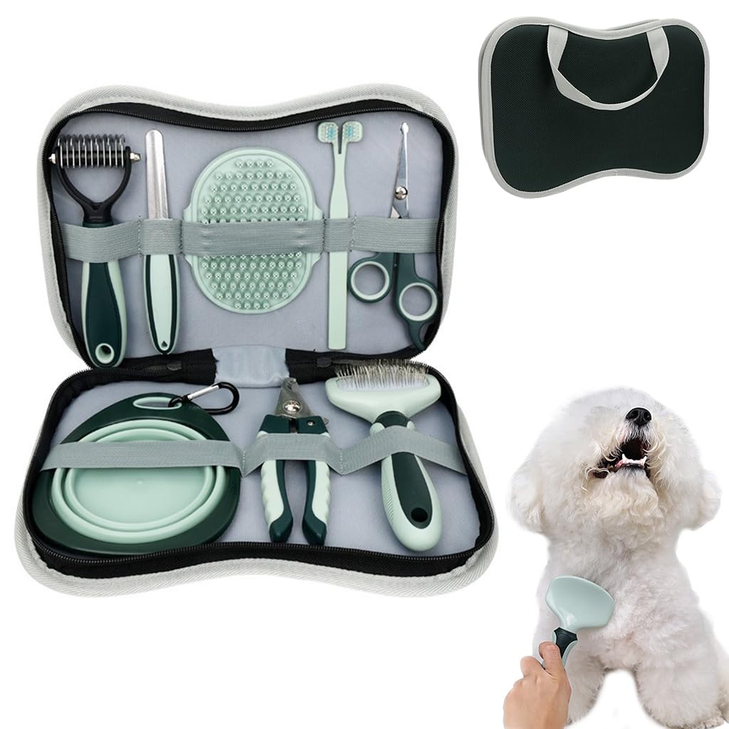 Qpets® 8 in 1 Pet Grooming Kit with Hand Bag Cats Dogs Hair Grooming Tools with Dematting Tool, Nail Clipper & File, Pet Slicker Brush, Bathing Brush, Pet Double Side Teeth Brush, Folding Food Bowl