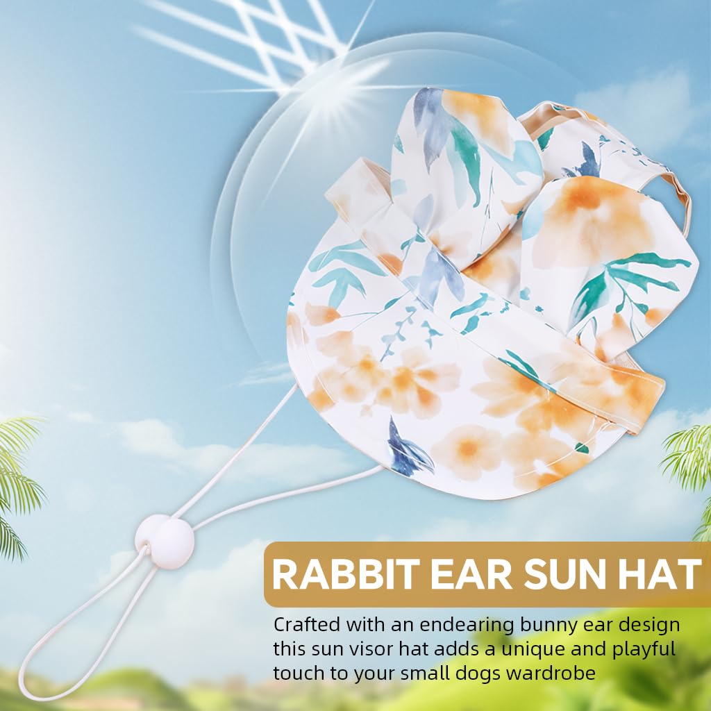 Qpets Small Dog Sun Visor Hat with Adjustable Chin Strap featuring Bunny Ears and Green Floral Polyester Design