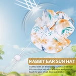 Qpets Small Dog Sun Visor Hat with Adjustable Chin Strap featuring Bunny Ears and Green Floral Polyester Design