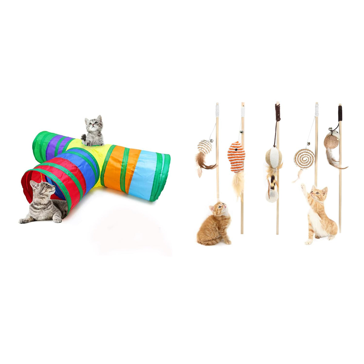 Qpets Cat Toy Set for Interactive Play with 3 Way Tunnel and Natural Feather Toys | Indoor and Outdoor Kitten Exercise