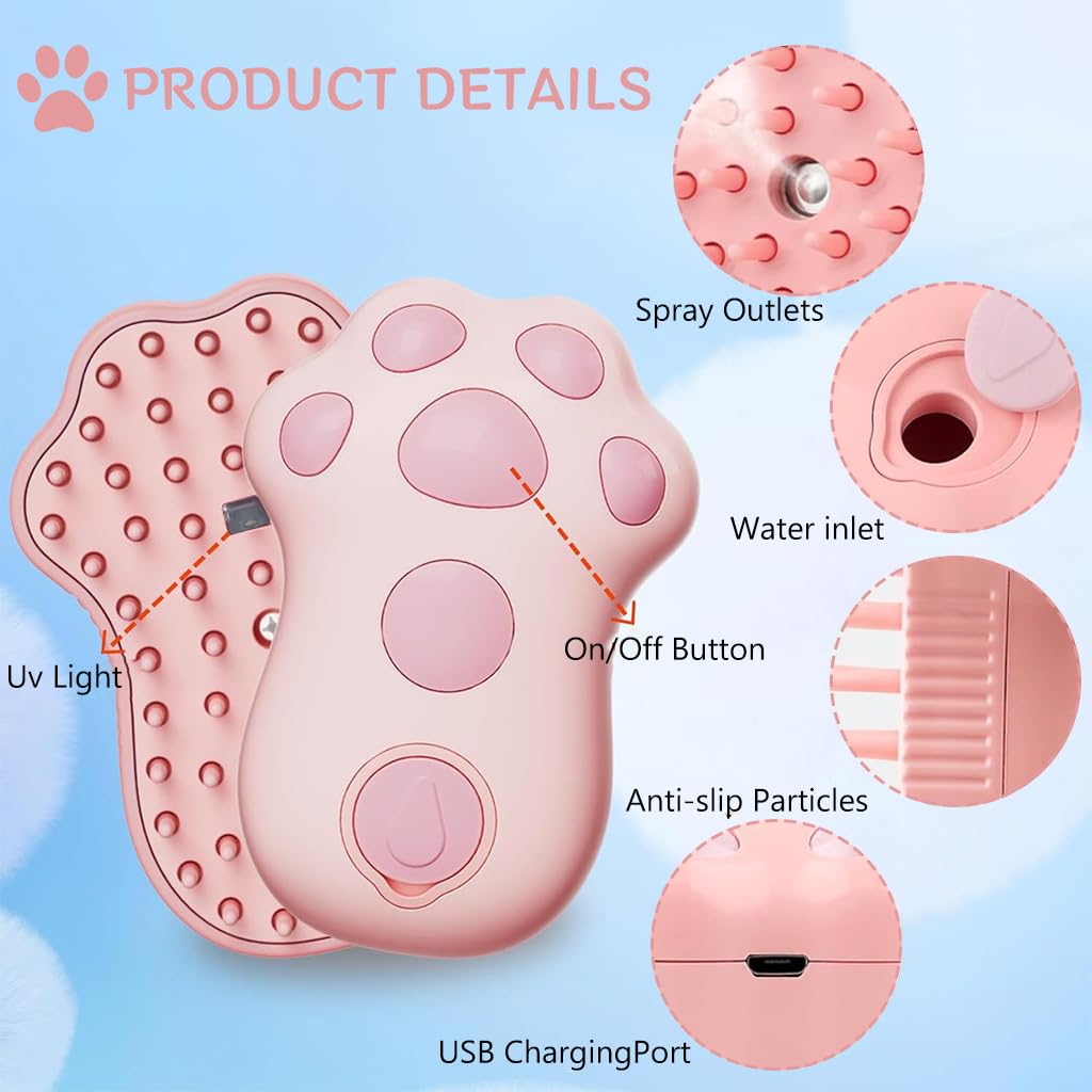 Qpets Cat Steam Brush for Cats and Dogs with UV Sterilization Light and USB Rechargeable Design