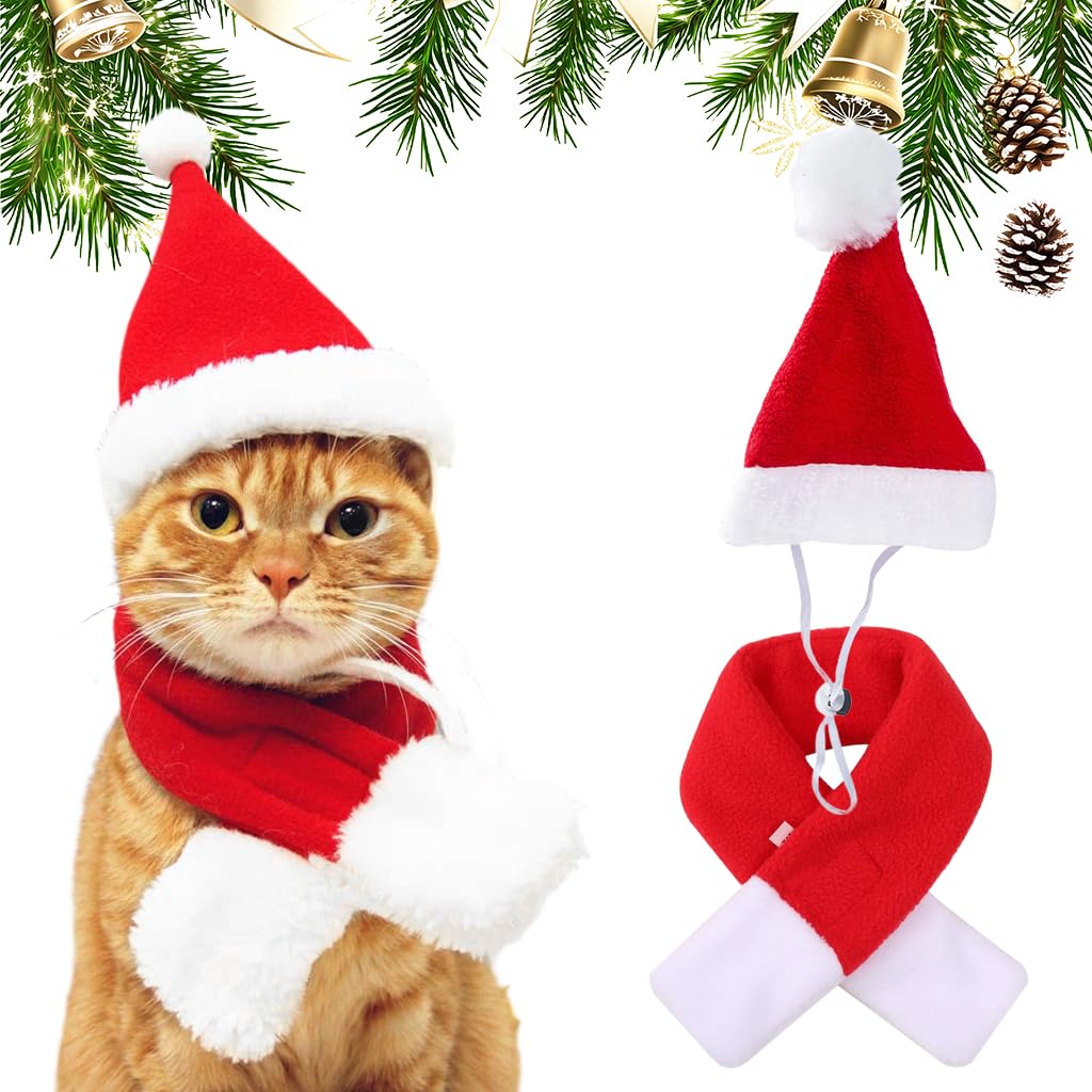 Qpets Christmas Cat Costume Set with Adjustable Drawstring Hat and Scarf for Holiday Photos | Neck 32 cm