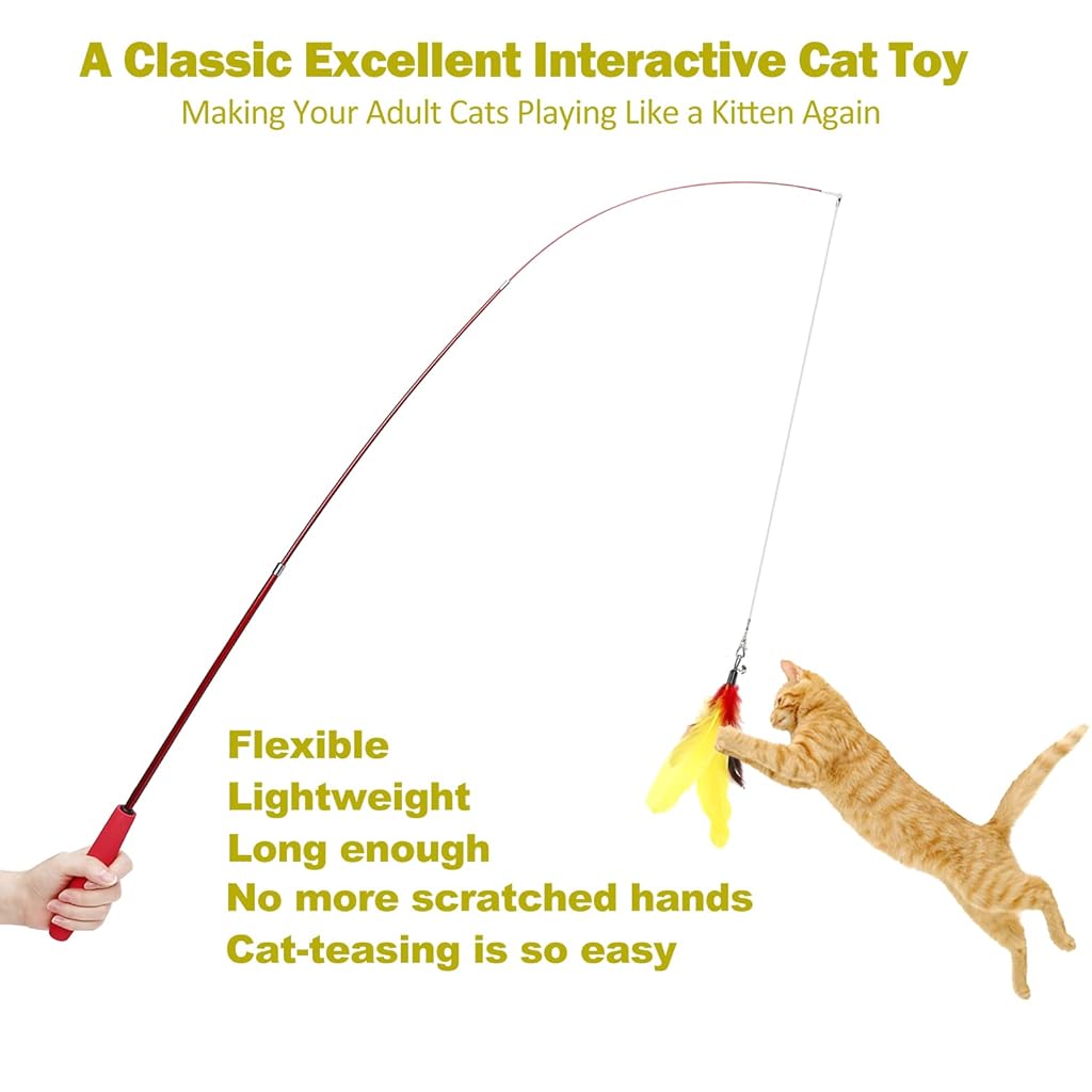 Qpets® Cat Teaser Toy Feather for 22PCS Set with 2 Retractable Wand 5 Worm Interactive Toys Kitten Play Chase Activity Exercise