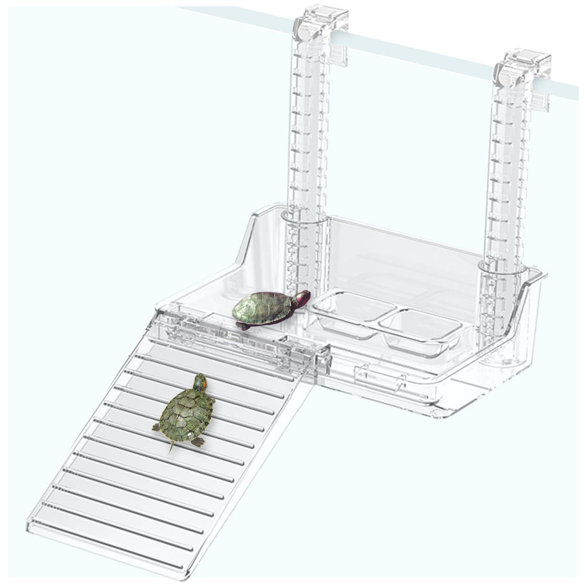 Qpets® Acrylic Hanging Turtle Basking Platform with Removable Walking Steps,Food and Water Bowls,Adjustable Hanging Reptile Resting Terrace for Fish Tank Aquarium Decor