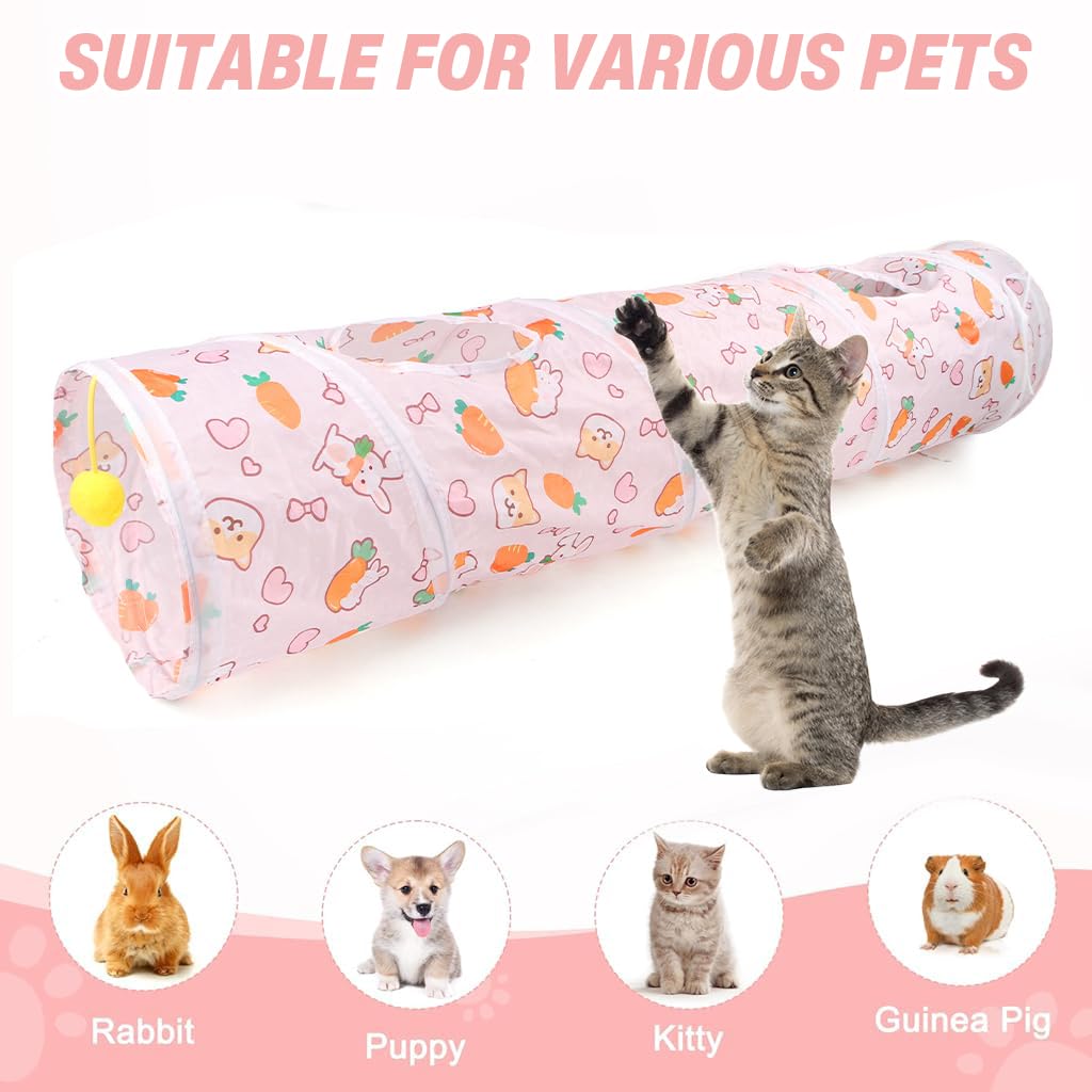 Qpets Cat Play Tunnel Toy with Multi Open Holes and Hanging Plush Ball | 25cm Dia 110cm Long Collapsible Polyester Tube