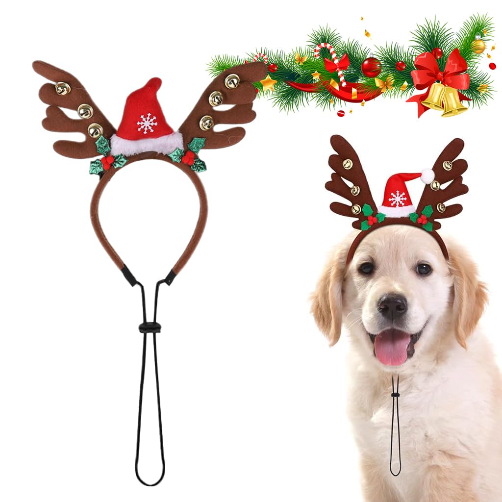 Qpets Dog Christmas Headband with Adjustable Chin Strap for Holiday Photos | Festive Elk Horn Santa Hat for Dogs and Cats